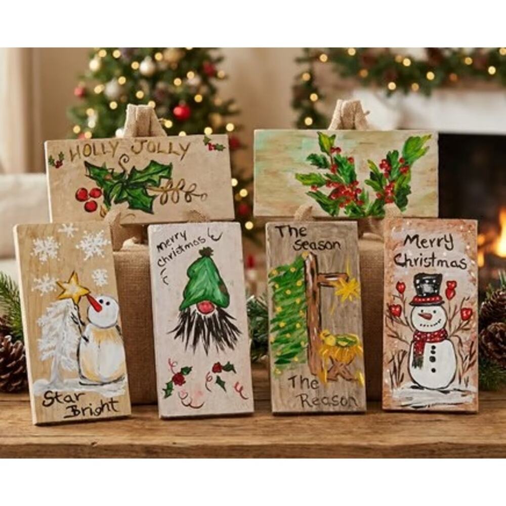 Cozy Hand-Painted Christmas Tile Set- Holiday Decor (6Pc) by Heaven & Hearts
